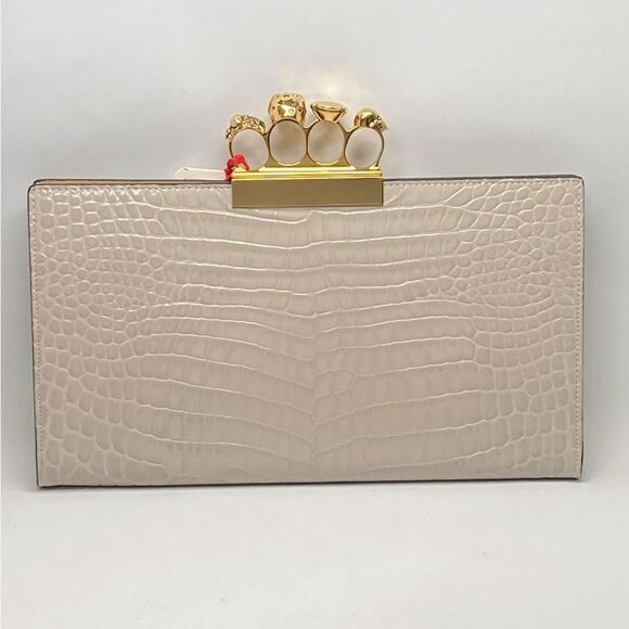Alexander McQueen Four-Ring Knuckle Clasp Croc Embossed Leather Clutch - Picture 4 of 12